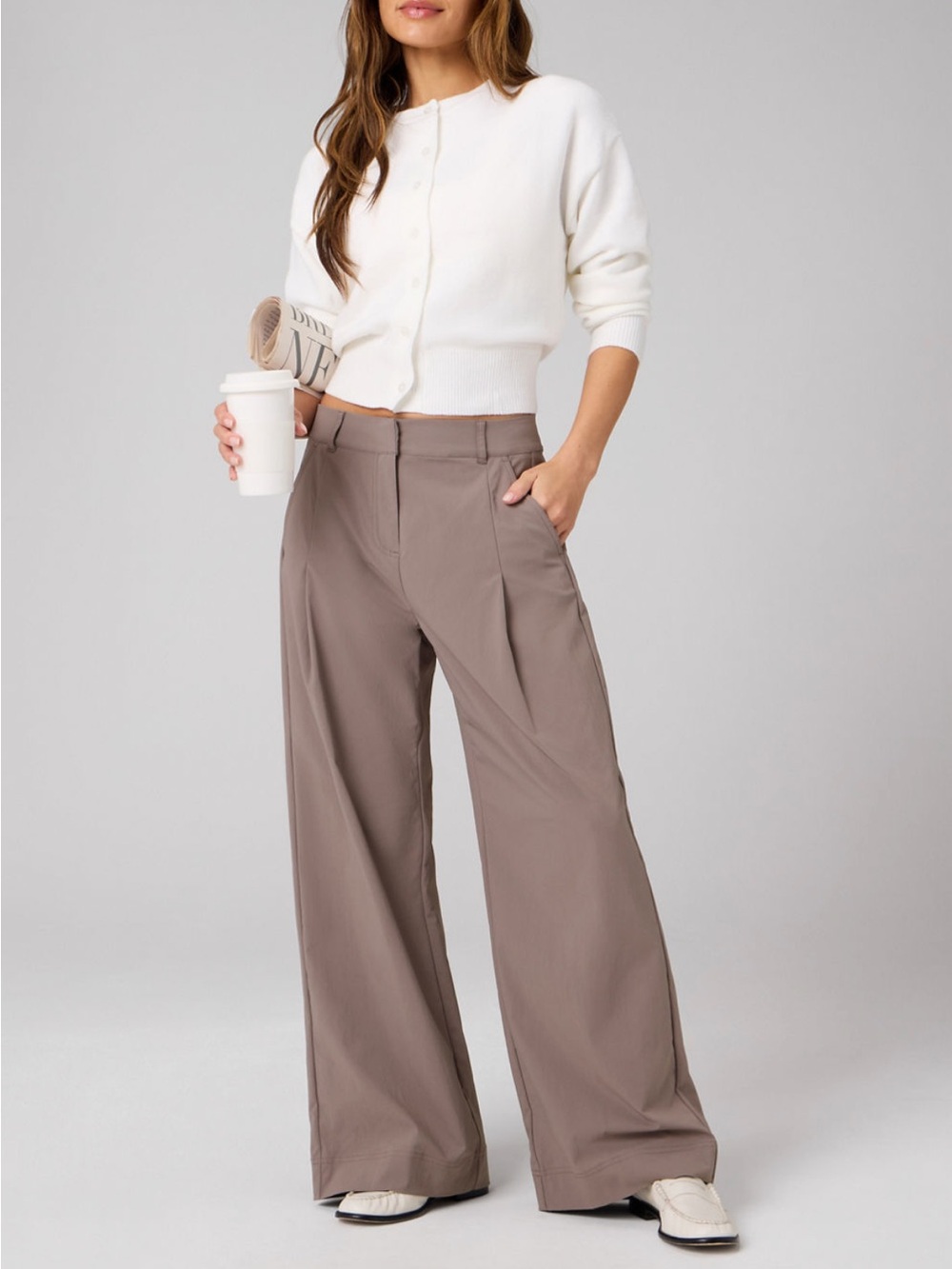 Fabletics Taupe Wide-Leg High-Rise Trousers